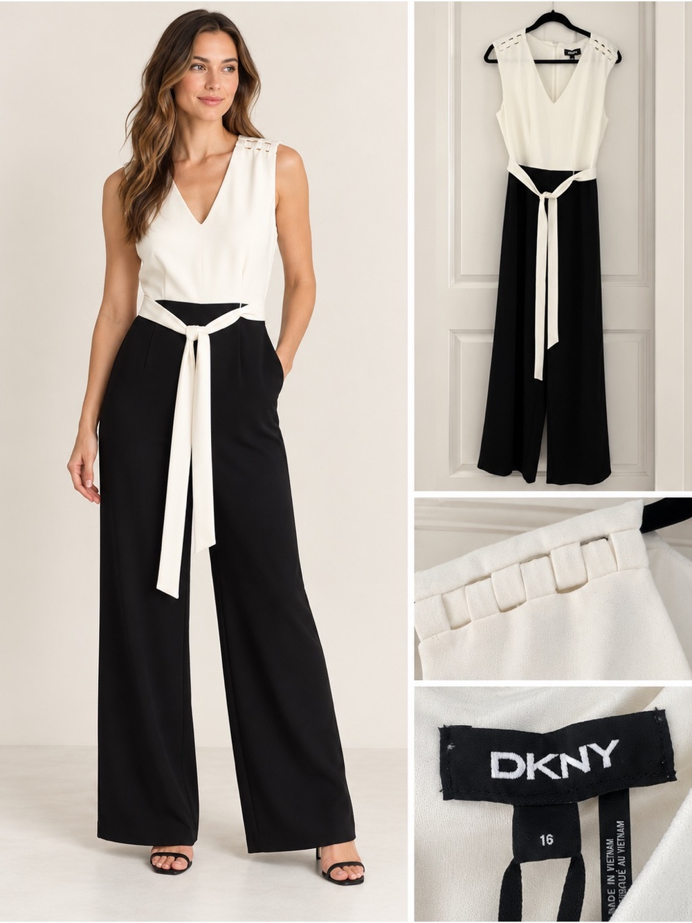 DKNY Ivory and Black Sleeveless V-Neck Wide-Leg Jumpsuit with Tie Waist with Tag